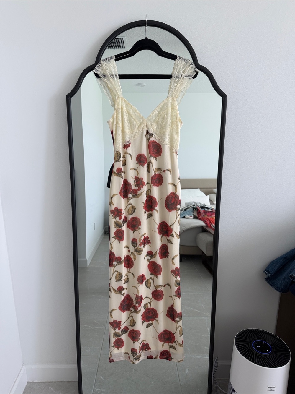 12th Tribe Cream Slip Dress with Red Rose Print and Lace - Picture 2 of 10